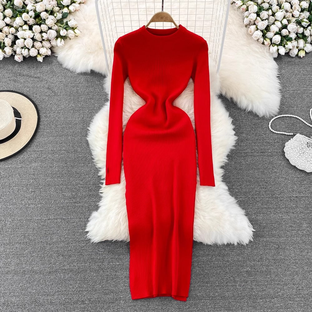 long-sleeved round neck elastic tight mid-length knitted dress      S4010