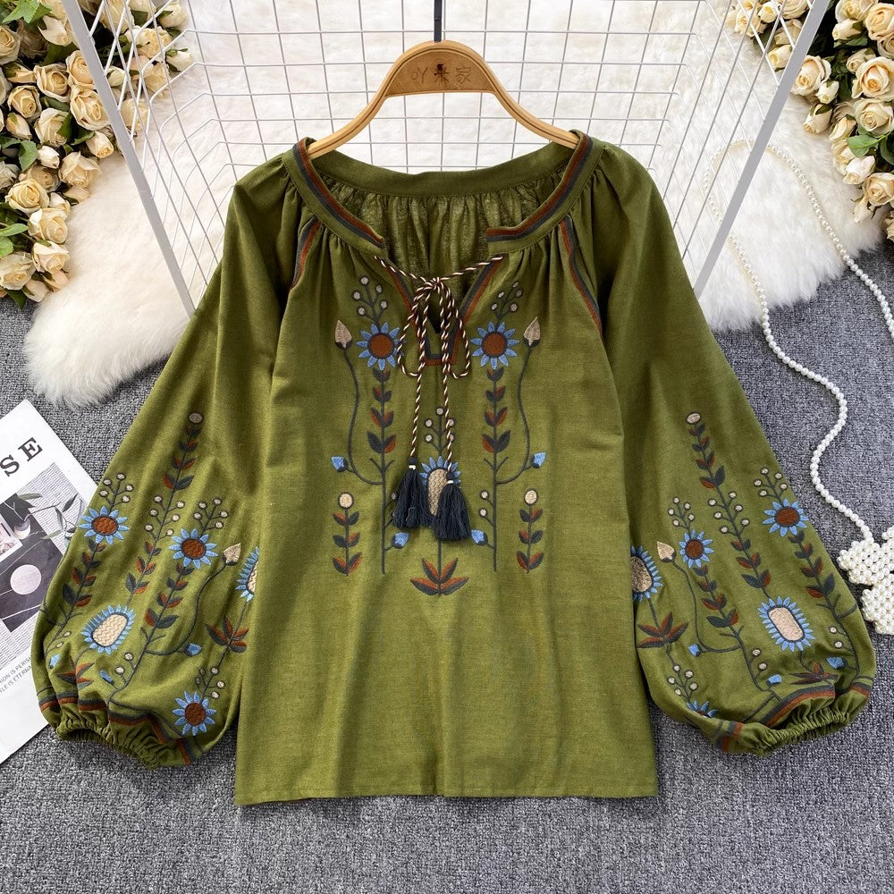 embroidered round neck shirt women's casual top       S3965