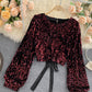 Shiny Long Sleeve Sequins Tops Open Back Tops      S4392