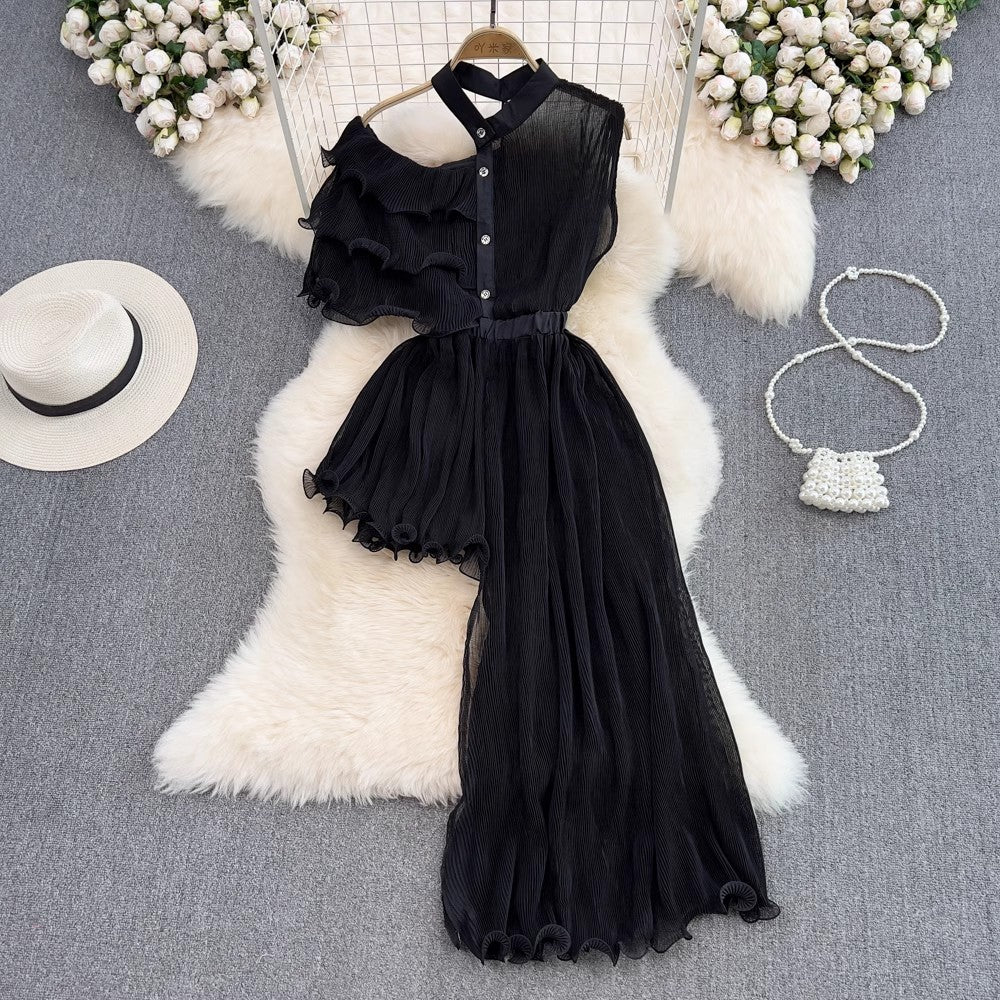 irregular mid-length skirt fashionable a-line pleated dress for women    S4425