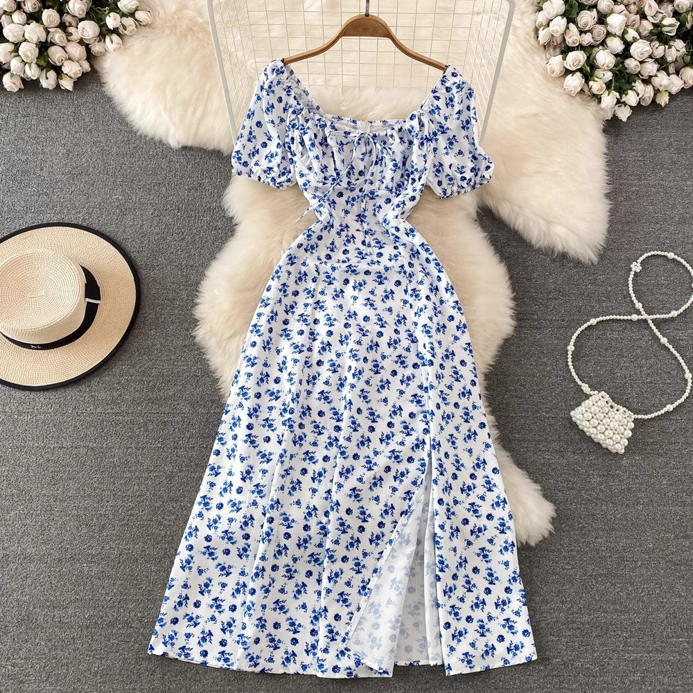 floral puff sleeves lace-up sexy dress women's long dress     S3971