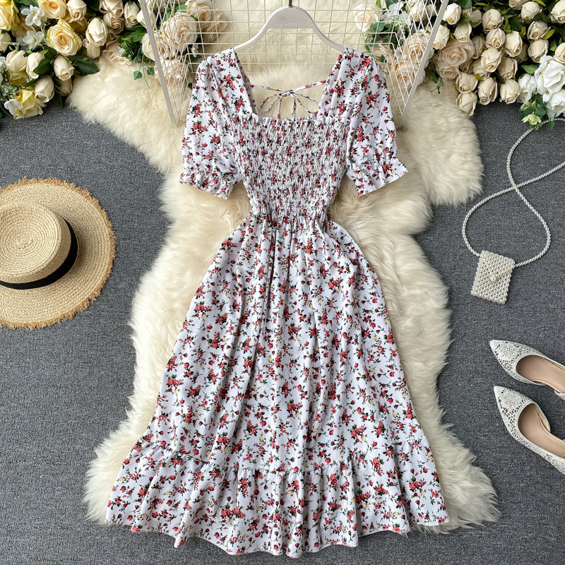 Sweet French Square Neck Short Sleeve Pleated Floral Chiffon Dress       S4467