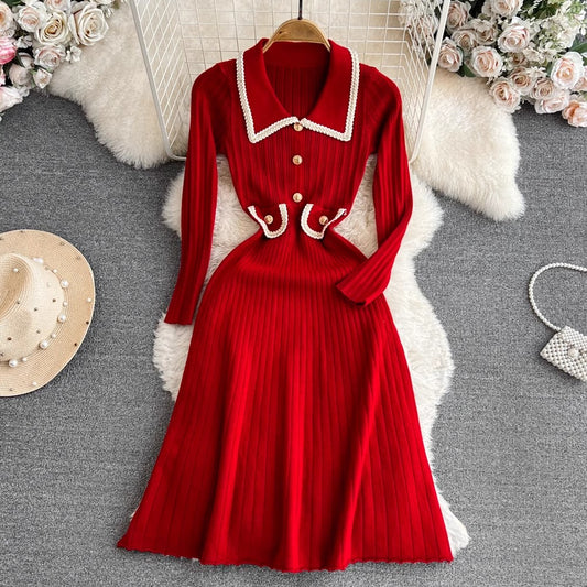 long-sleeved mid-length A-line knitted dress       S4236