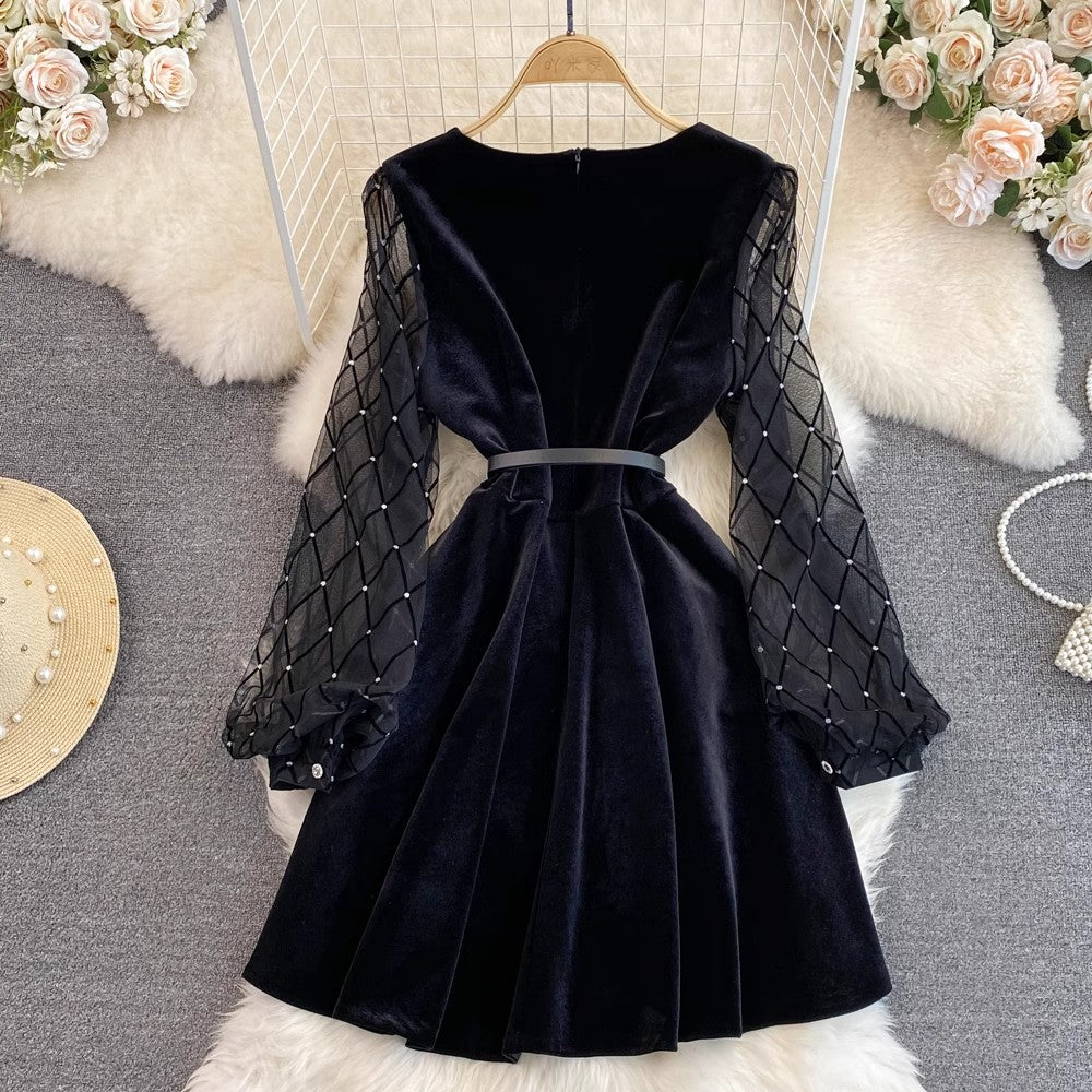 square neck mesh sleeves A-line velvet dress     S4359