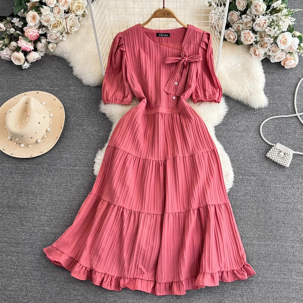 puffy short-sleeved mid-length A-line ruffle dress      S4331