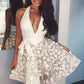 Ivory Lace Applique Halter Homecoming Dresses, Sleeveless Short Party Dress      S3147