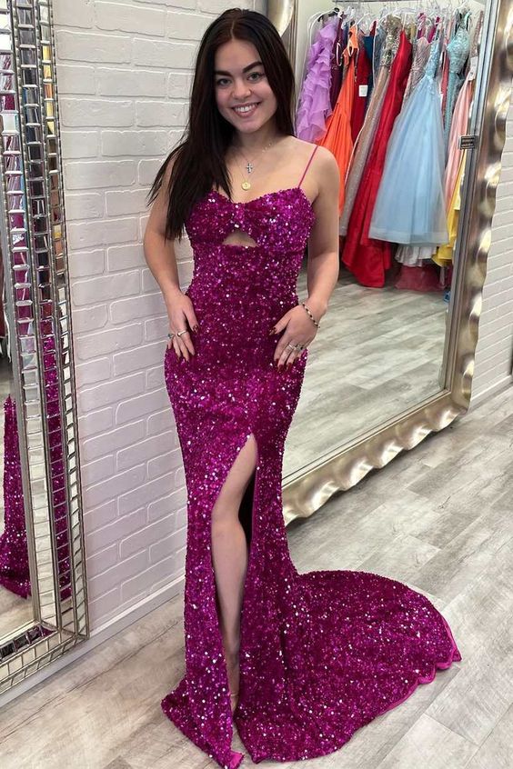 Fuchsia Sequin Keyhole Mermaid Long Prom Dress with Slit     S3154