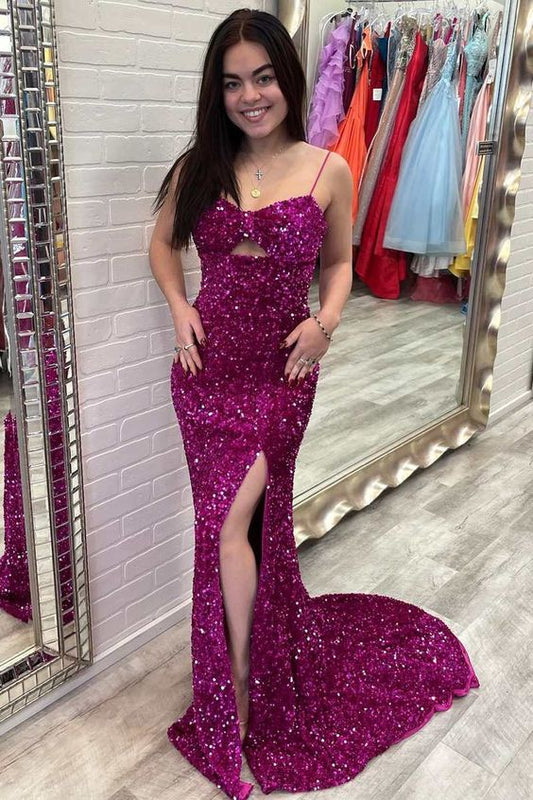 Fuchsia Sequin Keyhole Mermaid Long Prom Dress with Slit     S3154