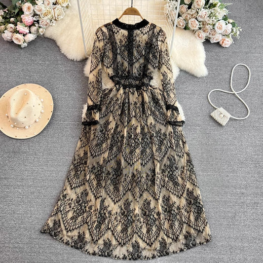 long-sleeved A-line lace dress elegant long skirt     S4243