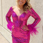 Sparkle V-Neck Short Homecoming Dress with Feather Long Sleeves      S2781
