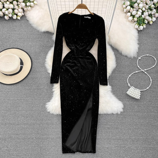 square neck velvet dress sexy high slit sparkling dress long skirt      S4139