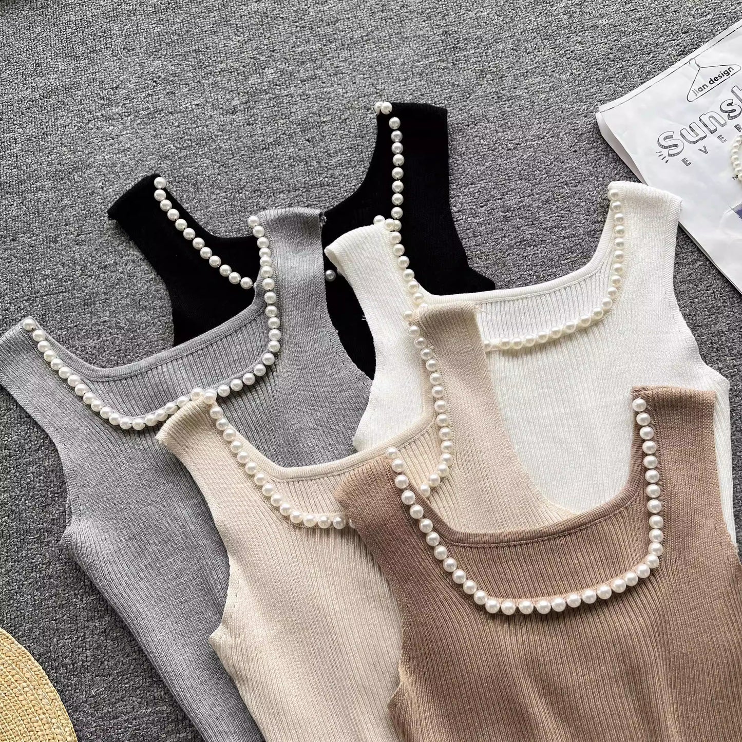 Square neck sleeveless beaded pleated for women knitted chic top     S4622