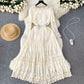 High-grade Party Dress, Hook Flower V-neck Dress ，fringe Fairy Dress, Long-sleeved Dress, Lace Dress      S4476