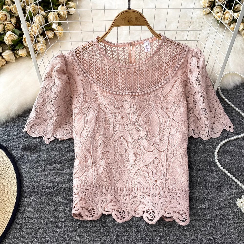 short-sleeved round neck lace shirt for women      S4043