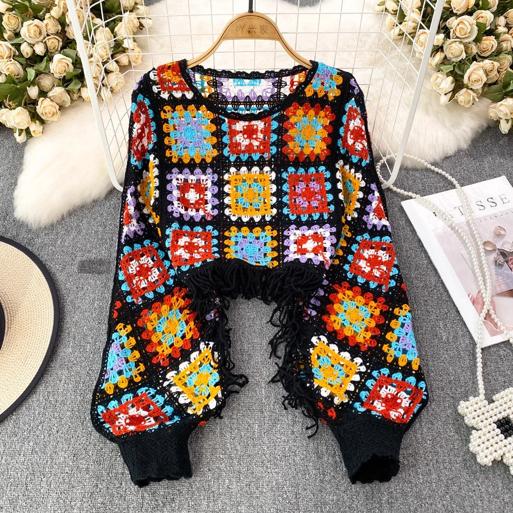 Fashionable lantern long-sleeved round neck tassel short sweater blouse for women casual top     S4141