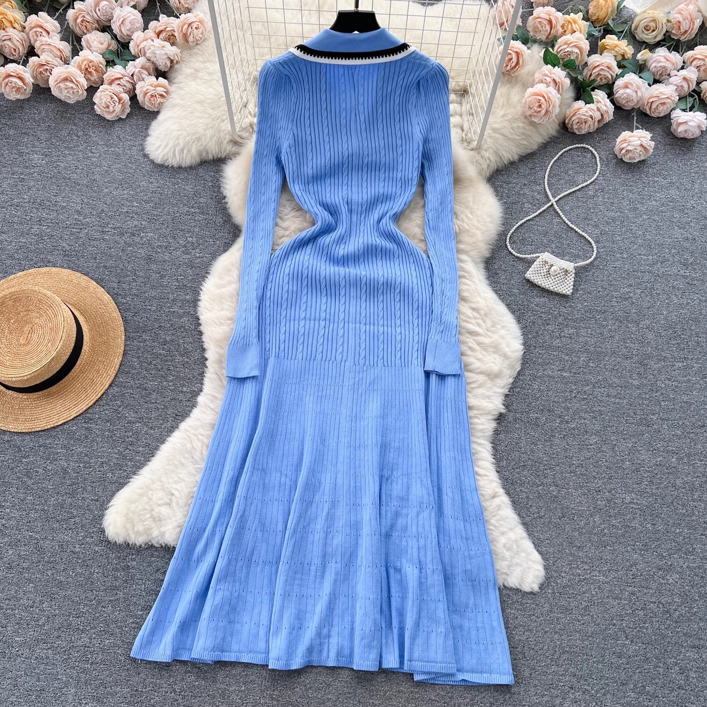 knitted dress women embroidered sweater long skirt     S4519