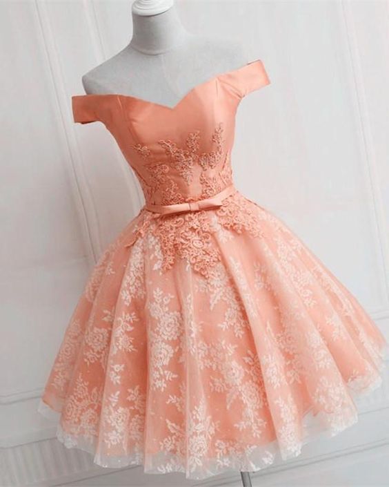 Elegant Lace Appliques Satin Off The Shoulder Homecoming Dress Short      S2952