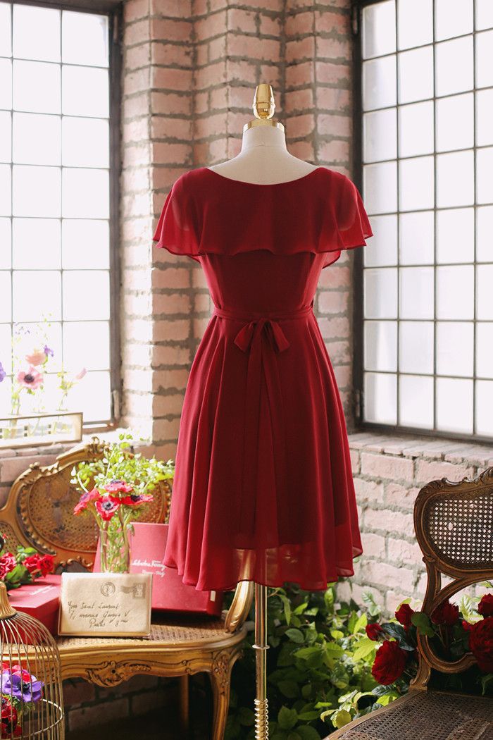 Fashion  Save Wine Red Chiffon Short Simple Wedding Party Dress, Dark Red Bridesmaid Dresses    S2888