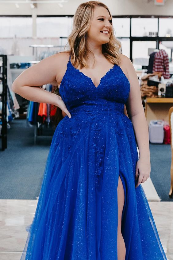 A Line Spaghetti Straps Royal Blue Plus Size Prom Dress with Appliques    S3721