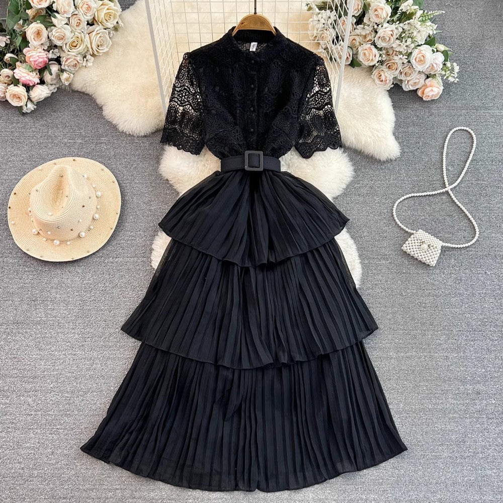 short-sleeved lace A-line pleated dress     S3963