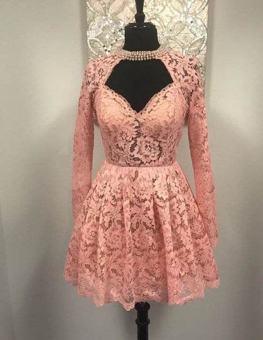 Sweetheart Long Sleeves Lace Short Homecoming Dress        S3156