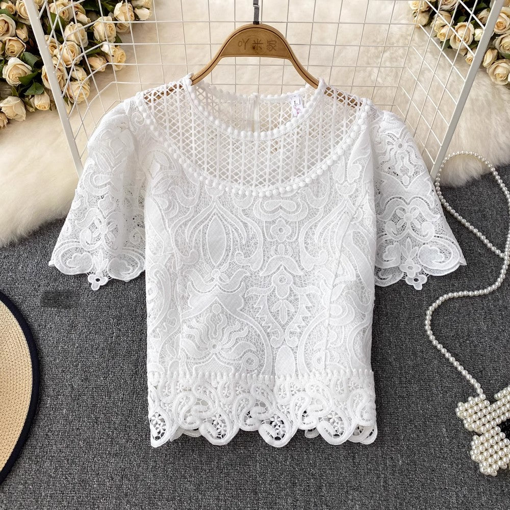 short-sleeved round neck lace shirt for women      S4043