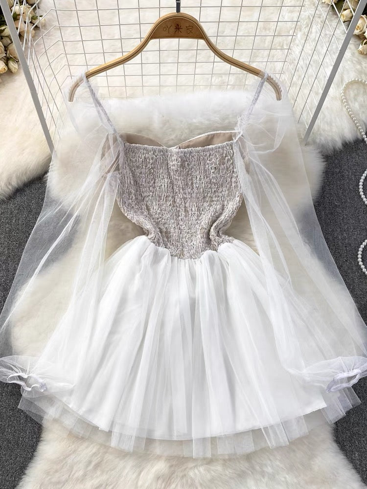 white Dress,long Sleeve Tulle Dress       S4402