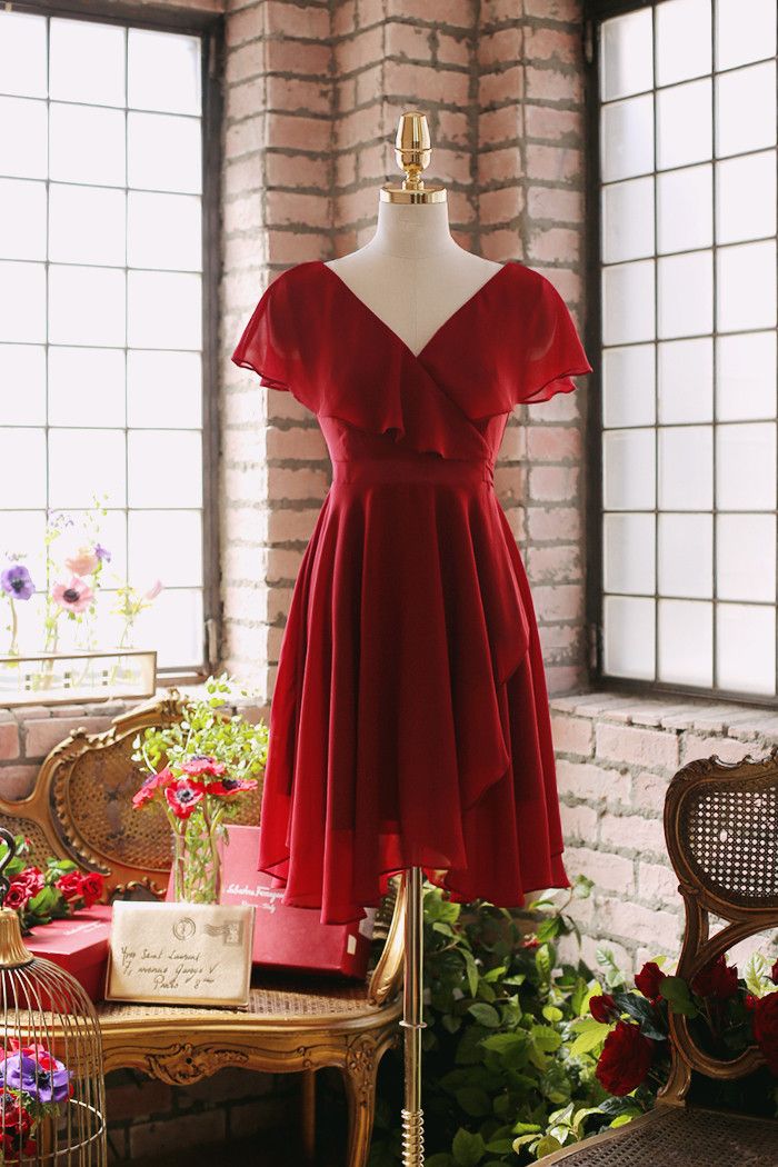 Fashion  Save Wine Red Chiffon Short Simple Wedding Party Dress, Dark Red Bridesmaid Dresses    S2888