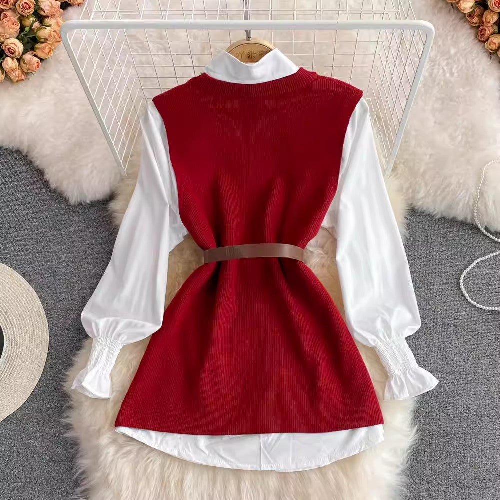 lantern sleeve white shirt sweater two-piece set    S3978