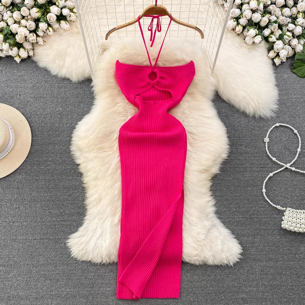 halter neck backless sleeveless mid-length slit knitted dress     S4091