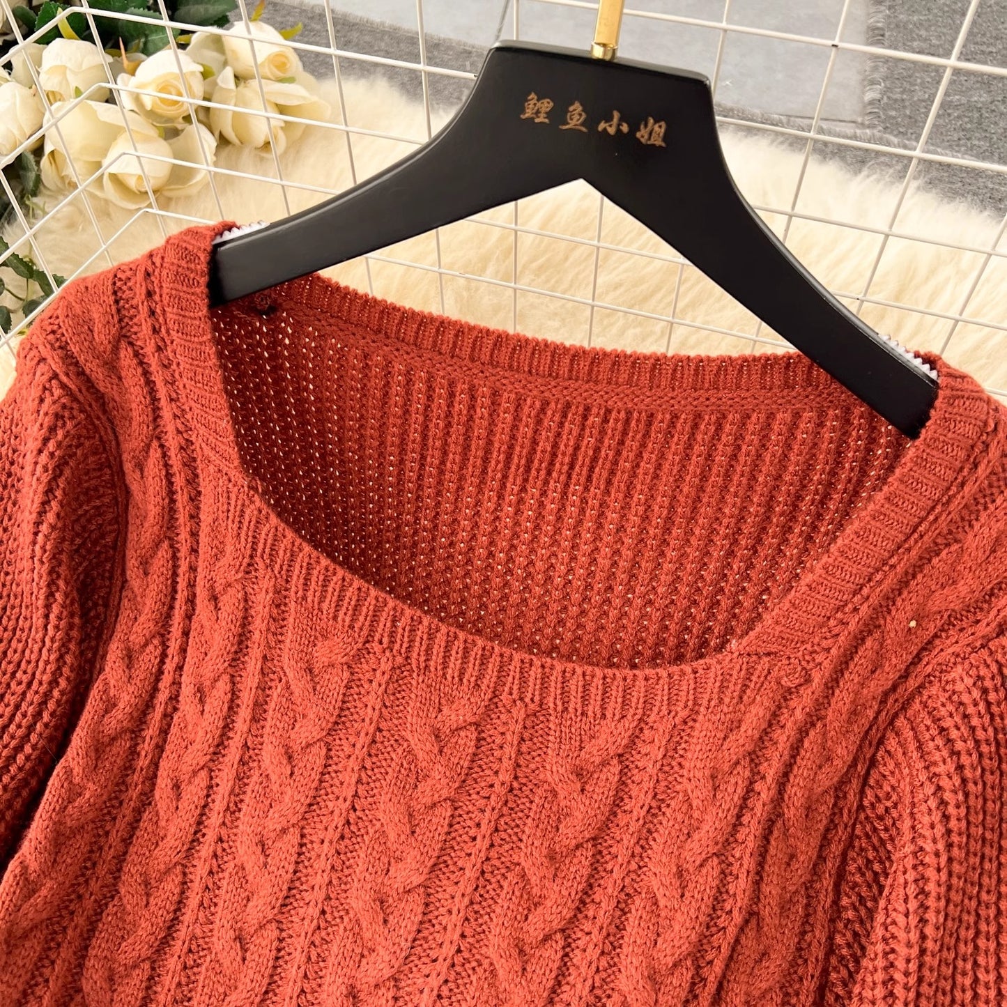 Sweater Dress Women's High-Quality Square Neck Puff Sleeve Knitted Skirt      S4615