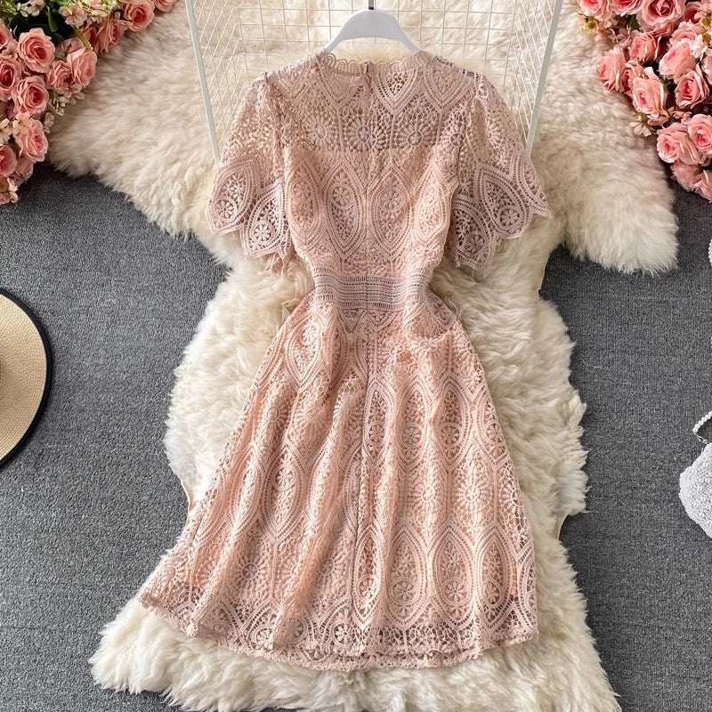 new women's fashion dress round neck short-sleeved lace skirt    S3893