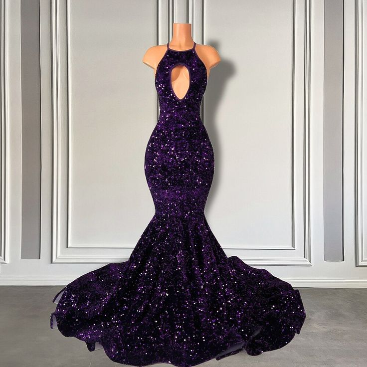 Sexy Mermaid Style Real Sample Cut Out Sparkly Purple Sequined Black Girls Elegant Long Prom Dresses           S3869