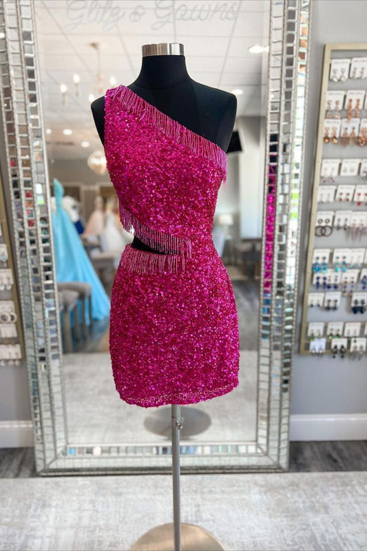 One Shoulder Fuchsia Bodycon Homecoming Dress with Tassel      S3043