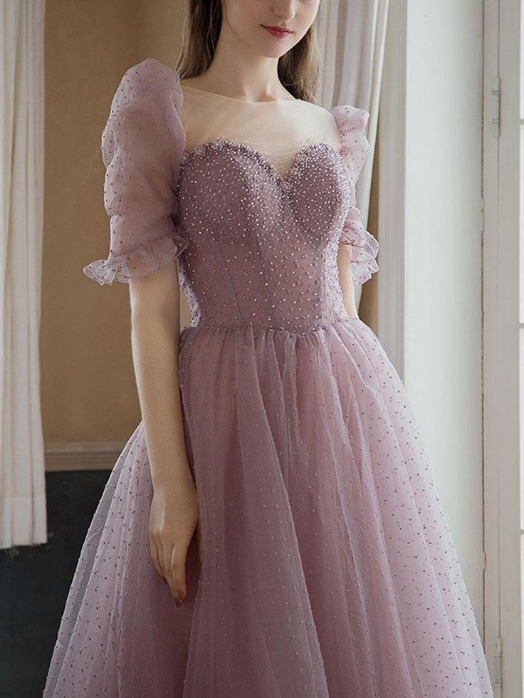 Sweetheart Tulle Beads Tea Length Pink Prom Dress, Tulle Homecoming Dress      S3243