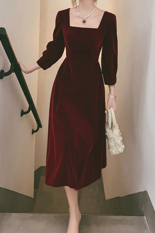 Square Necking Tea Length Burgundy Velvet Prom Dresses    S2583