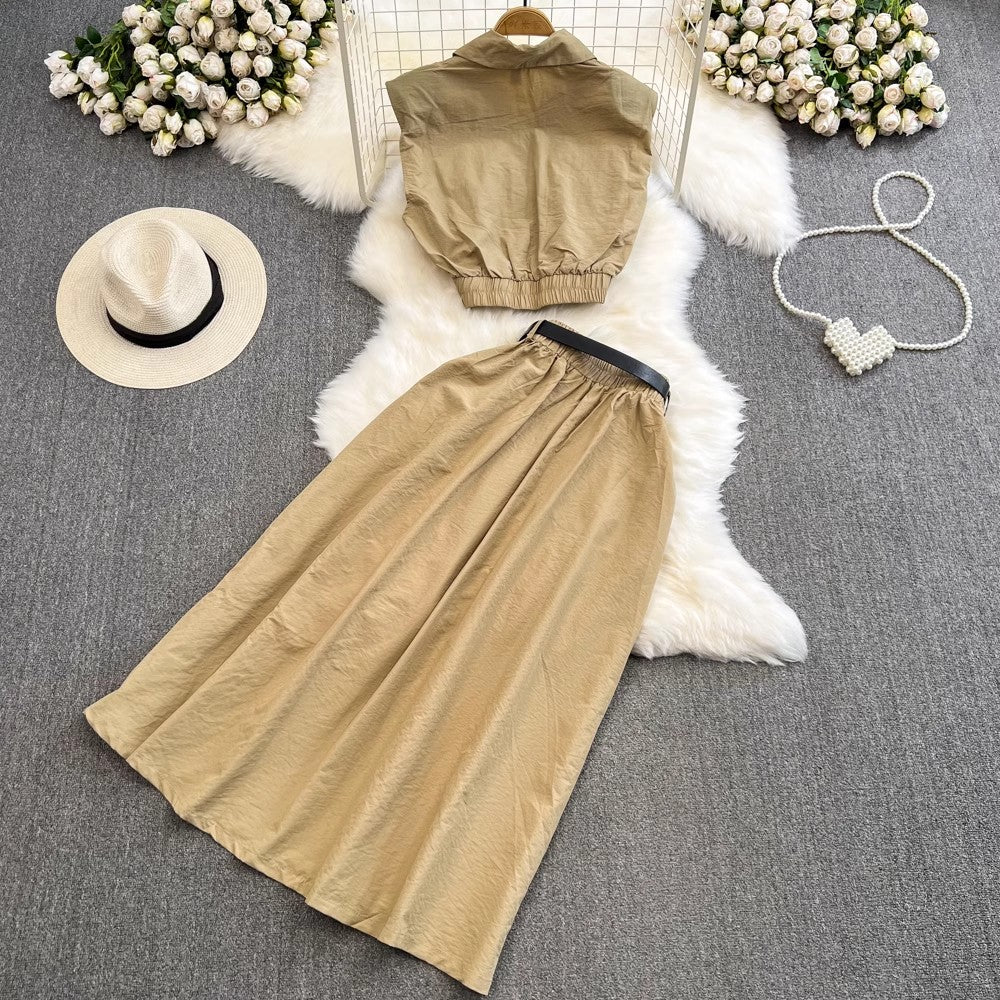 Fashion Suit Women's Sleeveless Shirt Two-piece Set A-Line Skirt     S4158