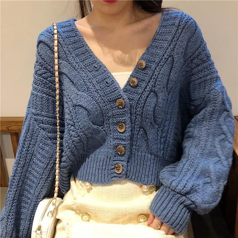 Autumn Winter Women's Cardigan Korean Style The Retro Solid Color V-neck Knitted Cardigan Loose Short Twist Sweater Coats     S2778