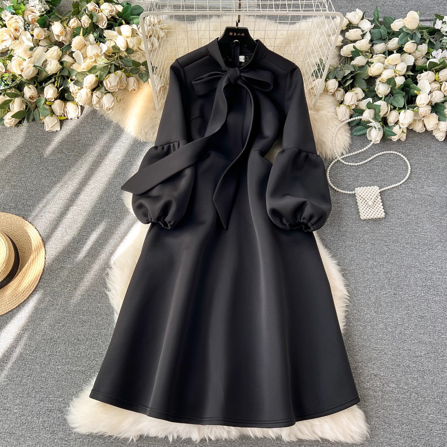 party dress women's fashion bow tie lantern long-sleeved dress    S4493