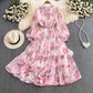 sweet lantern sleeves A-line printed ruffled chiffon dress elegant long skirt      S4092