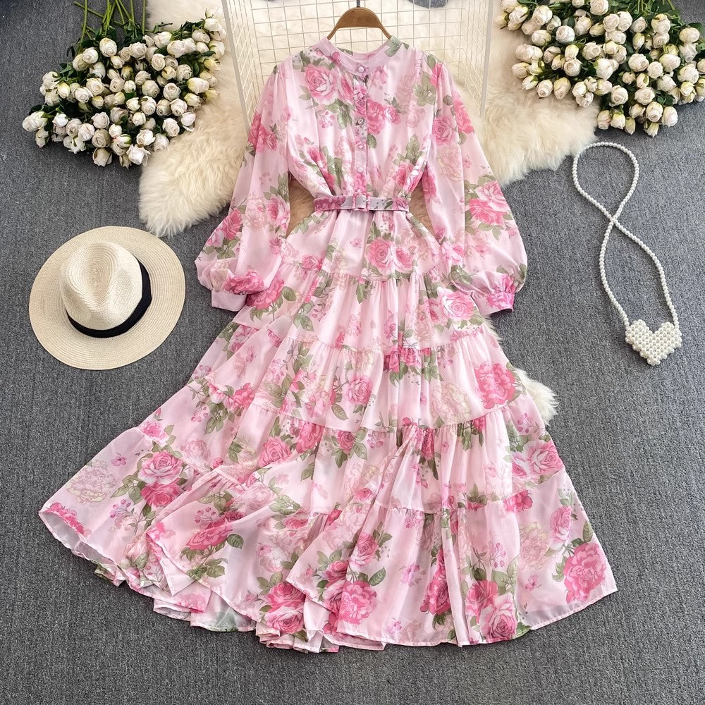 sweet lantern sleeves A-line printed ruffled chiffon dress elegant long skirt      S4092