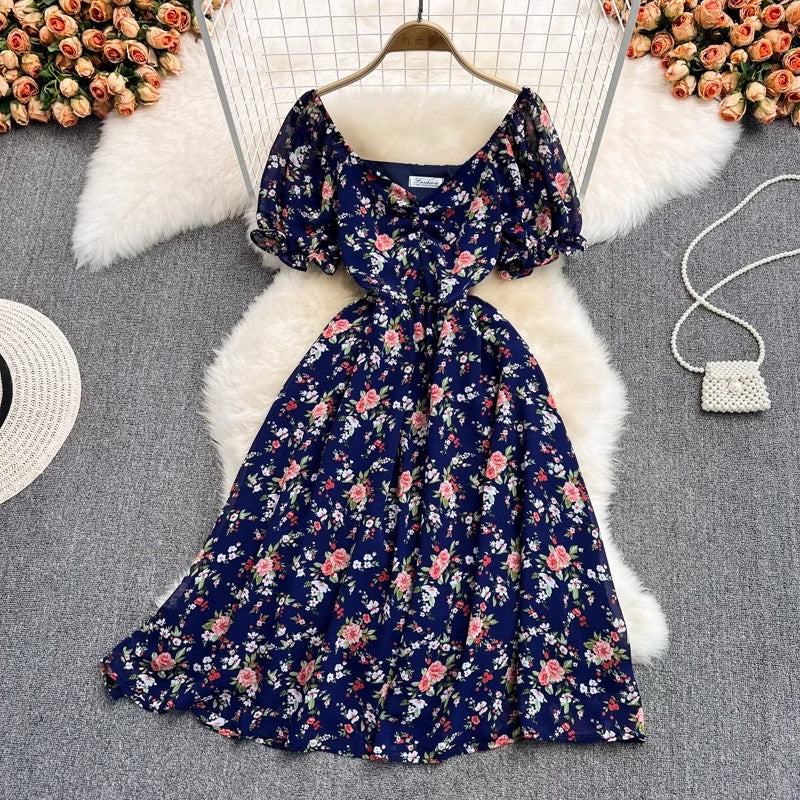 mid-length V-neck floral chiffon dress     S4430