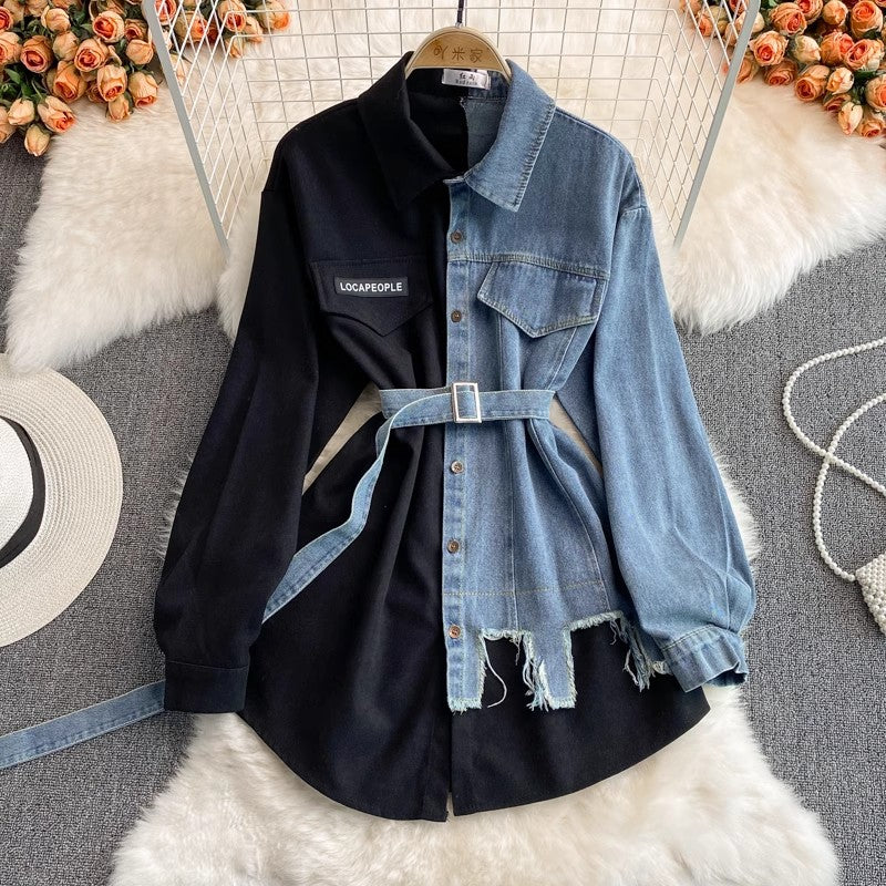 Denim new style irregular mid-length shirt     S3891