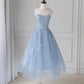 blue round neck tulle short prom dress, blue tulle homecoming dress     S3242