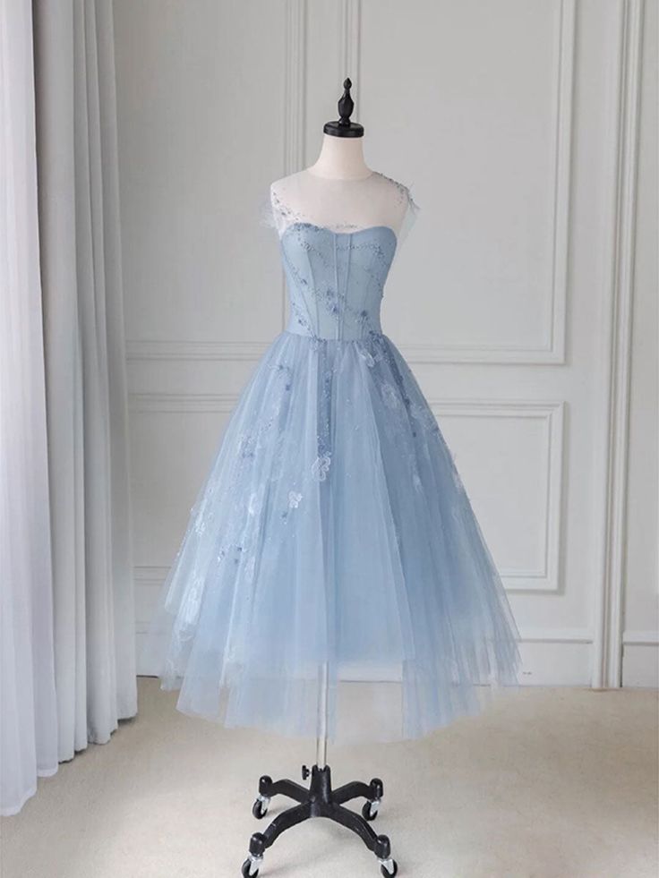 blue round neck tulle short prom dress, blue tulle homecoming dress     S3242