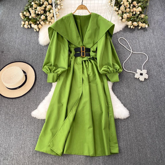 lantern sleeve mid-length dress V-neck irregular slit dress      S3993