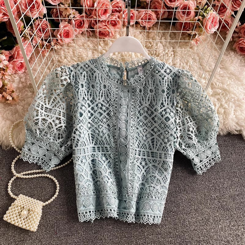 Puff-sleeved lace shirt short-sleeved solid color short top for women      S3898