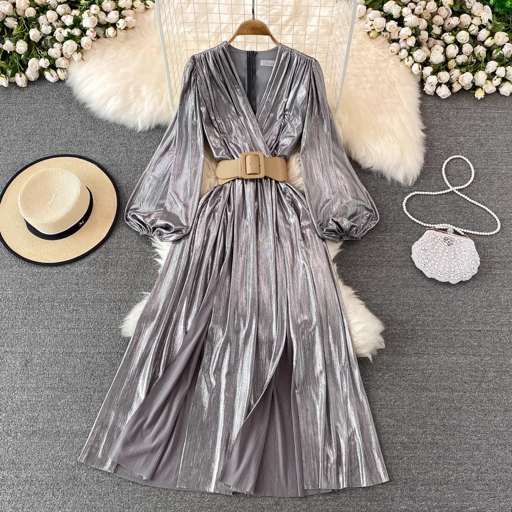 sexy long-sleeved metallic pleated V-neck dress elegant dress long skirt      S3987