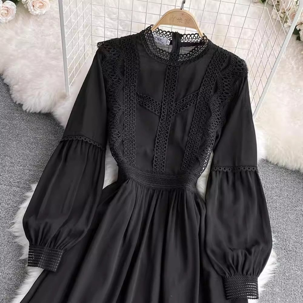 lace lantern sleeve chiffon A-line dress elegant long skirt      S4309