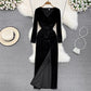 velvet dress v-neck long skirt     S4326